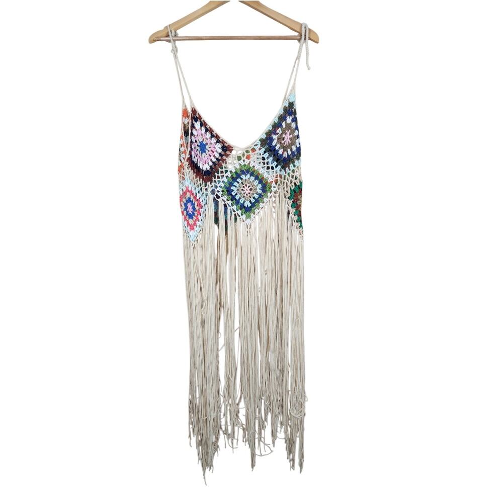 Shein 2X Crochet Festival Open Knit Tank Top Long Fringe Boho Granny Square Plus - Picture 9 of 9